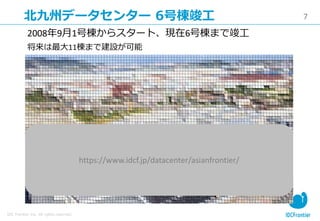 7
IDC Frontier Inc. All rights reserved.
北九州データセンター 6号棟竣工
③
④
⑤
2008年9月1号棟からスタート、現在6号棟まで竣工
将来は最大11棟まで建設が可能
倉庫棟
北九州６号棟本体
エレベータ棟
５号棟
貨物搬入口
https://www.idcf.jp/datacenter/asianfrontier/
 