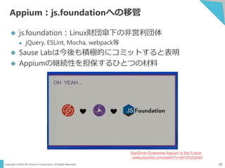 Copyright ©2016 NS Solutions Corporation. All Rights Reserved.
Appium：js.foundationへの移管
18
 js.foundation：Linux財団傘下の非営利団体
 jQuery, ESLint, Mocha, webpack等
 Sause Labは今後も積極的にコミットすると表明
 Appiumの継続性を担保するひとつの材料
StarDriver Enterprise Appium to the Future
www.youtube.com/watch?v=e61OhZzbsEI
 