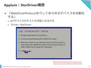 Copyright ©2016 NS Solutions Corporation. All Rights Reserved.
Appium：StarDriver構想
19
 「WebDriverProtocolを介してあらゆるデバイスを自動化
する」
 IoTデバイスのテストも可能になるかも
 *Driver→StarDriver
StarDriver Enterprise Appium to the Future
www.youtube.com/watch?v=e61OhZzbsEI
 