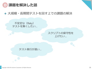 Copyright ©2016 NS Solutions Corporation. All Rights Reserved.
D 課題を解決した話
30
 大規模・長期間テストを回す上での課題の解決
不安定な（flaky）
テストを無くしたい…
スクリプトの保守性を
上げたい…
テスト実行が遅い…
 