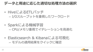 データと用途に応じた適切な処理方法の選択
• HiveによるETLバッチ
– I/Oスループットを重視したワークロード
• Sparkによる機械学習
– CPU/メモリ重視でイテレーションを高速化
• Elasticsearch & Kibanaによる可視化
– モデルの適用結果をクイックに確認
28
 