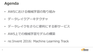 Agenda
• AWSにおける機械学習の取り組み
• データレイクアーキテクチャ
• データレイクをさらに便利にする新サービス
• AWS上での機械学習モデルの構築
• re:Invent 2016: Machine Learning Track
3
 