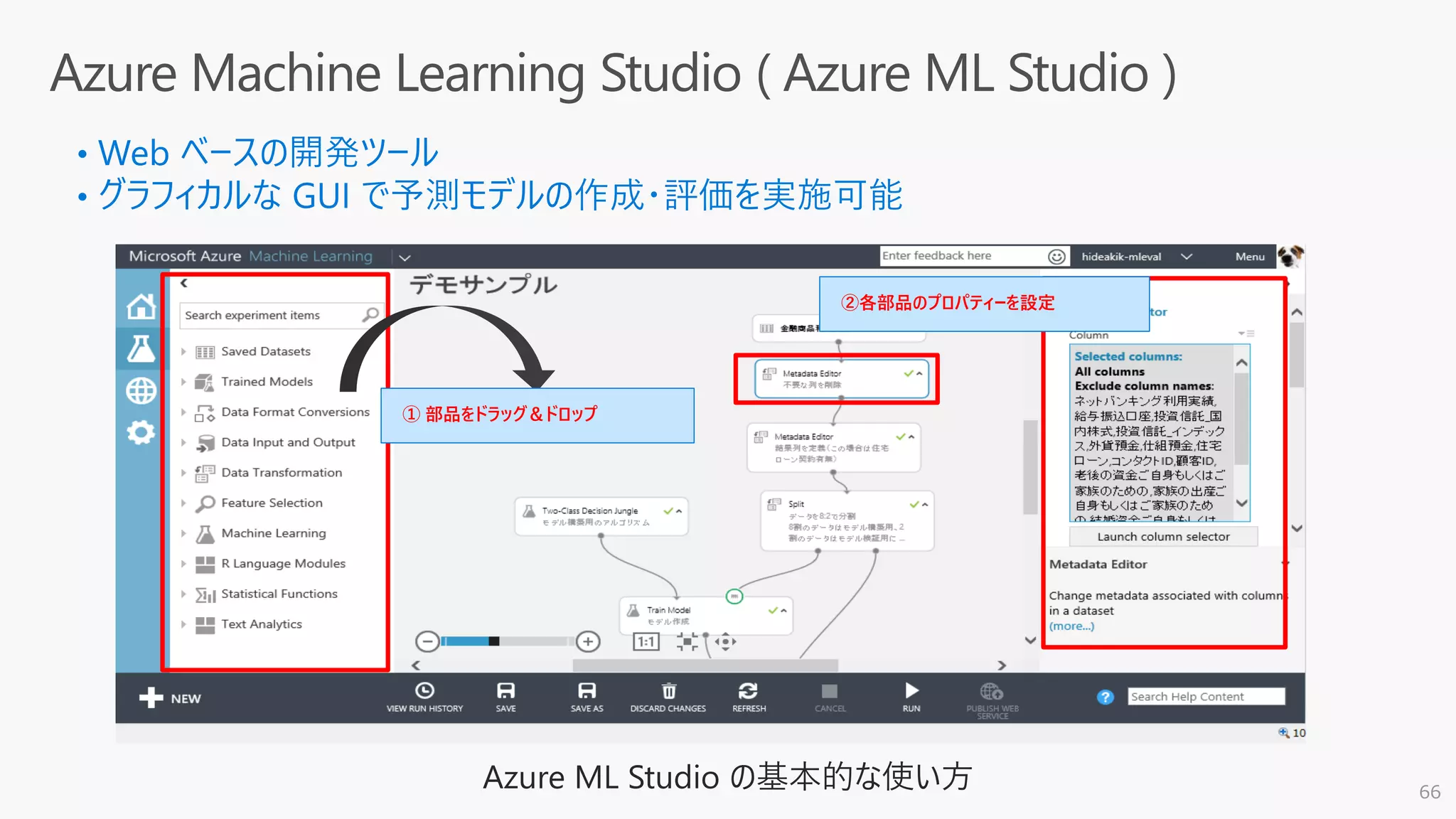 ① 部品をドラッグ＆ドロップ
②各部品のプロパティーを設定
66
Azure ML Studio の基本的な使い方
 