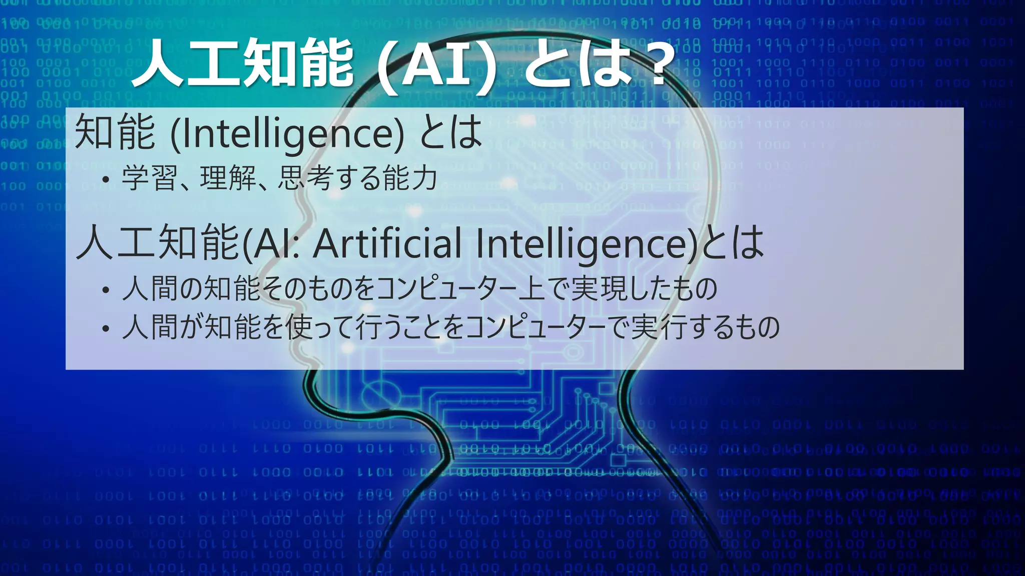 人工知能 (AI) とは？
知能 (Intelligence) とは
• 学習、理解、思考する能力
人工知能(AI: Artificial Intelligence)とは
• 人間の知能そのものをコンピューター上で実現したもの
• 人間が知能を使って行うことをコンピューターで実行するもの
 