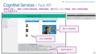 19
Cognitive Services：Face API
画像を分析し、複数人の顔を自動認識。顔検知機能、顔のグルーピング機能、顔の人物特定機能
などを提供する
https://www.microsoft.com/cognitive-services/en-us/face-api
顔から人物を特定
210人の顔を登録
2秒弱で特定完了
 