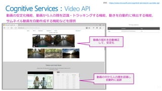 Cognitive Services：Video API
動画の安定化機能、動画から人の顔を認識・トラッキングする機能、動きを自動的に検出する機能、
サムネイル動画を自動作成する機能などを提供
https://www.microsoft.com/cognitive-services/en-us/video-api
動画の揺れを自動補正
して、安定化
動画の中から人の顔を認識し
自動的に追跡
 