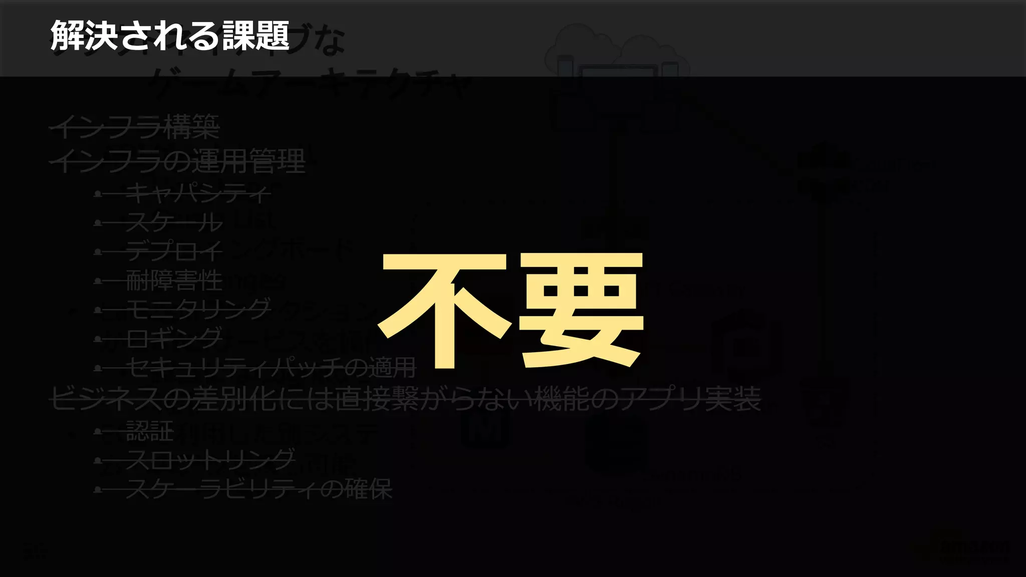 56
クラウドネイティブな
ゲームアーキテクチャ
Availability
Zone A
Availability
Zone B
S3
• APIゲームサーバ
• User Login
• Game List
• ランキングボード
• Challenges
• Lambdaファンクション
からAWSサービスを操作
• 認証にはCognitoを
利用
• EC2を利用した別システ
ムへのアクセスも可能
CloudFront
CDN
S3
AWS Region
API Gateway
Lambda
DynamoDB
Cognito
EC2
インフラ構築
インフラの運用管理
• キャパシティ
• スケール
• デプロイ
• 耐障害性
• モニタリング
• ロギング
• セキュリティパッチの適用
ビジネスの差別化には直接繋がらない機能のアプリ実装
• 認証
• スロットリング
• スケーラビリティの確保
解決される課題
不要
 