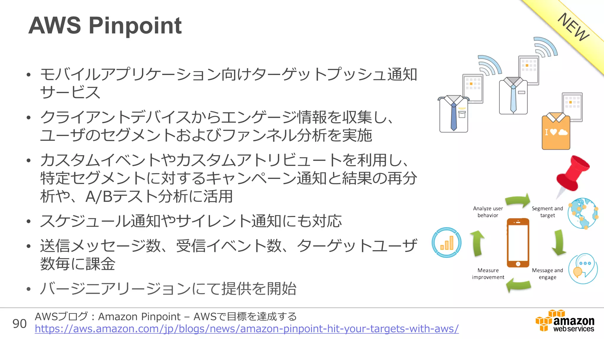 90
AWS Pinpoint
• モバイルアプリケーション向けターゲットプッシュ通知
サービス
• クライアントデバイスからエンゲージ情報を収集し、
ユーザのセグメントおよびファンネル分析を実施
• カスタムイベントやカスタムアトリビュートを利用し、
特定セグメントに対するキャンペーン通知と結果の再分
析や、A/Bテスト分析に活用
• スケジュール通知やサイレント通知にも対応
• 送信メッセージ数、受信イベント数、ターゲットユーザ
数毎に課金
• バージニアリージョンにて提供を開始
AWSブログ：Amazon Pinpoint – AWSで目標を達成する
https://aws.amazon.com/jp/blogs/news/amazon-pinpoint-hit-your-targets-with-aws/
 