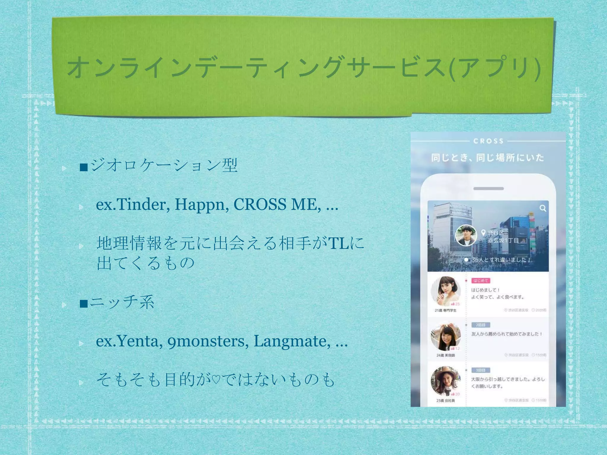 オンラインデーティングサービス(アプリ)
■ジオロケーション型
ex.Tinder, Happn, CROSS ME, …
地理情報を元に出会える相手がTLに
出てくるもの
■ニッチ系
ex.Yenta, 9monsters, Langmate, …
そもそも目的が♡ではないものも
 