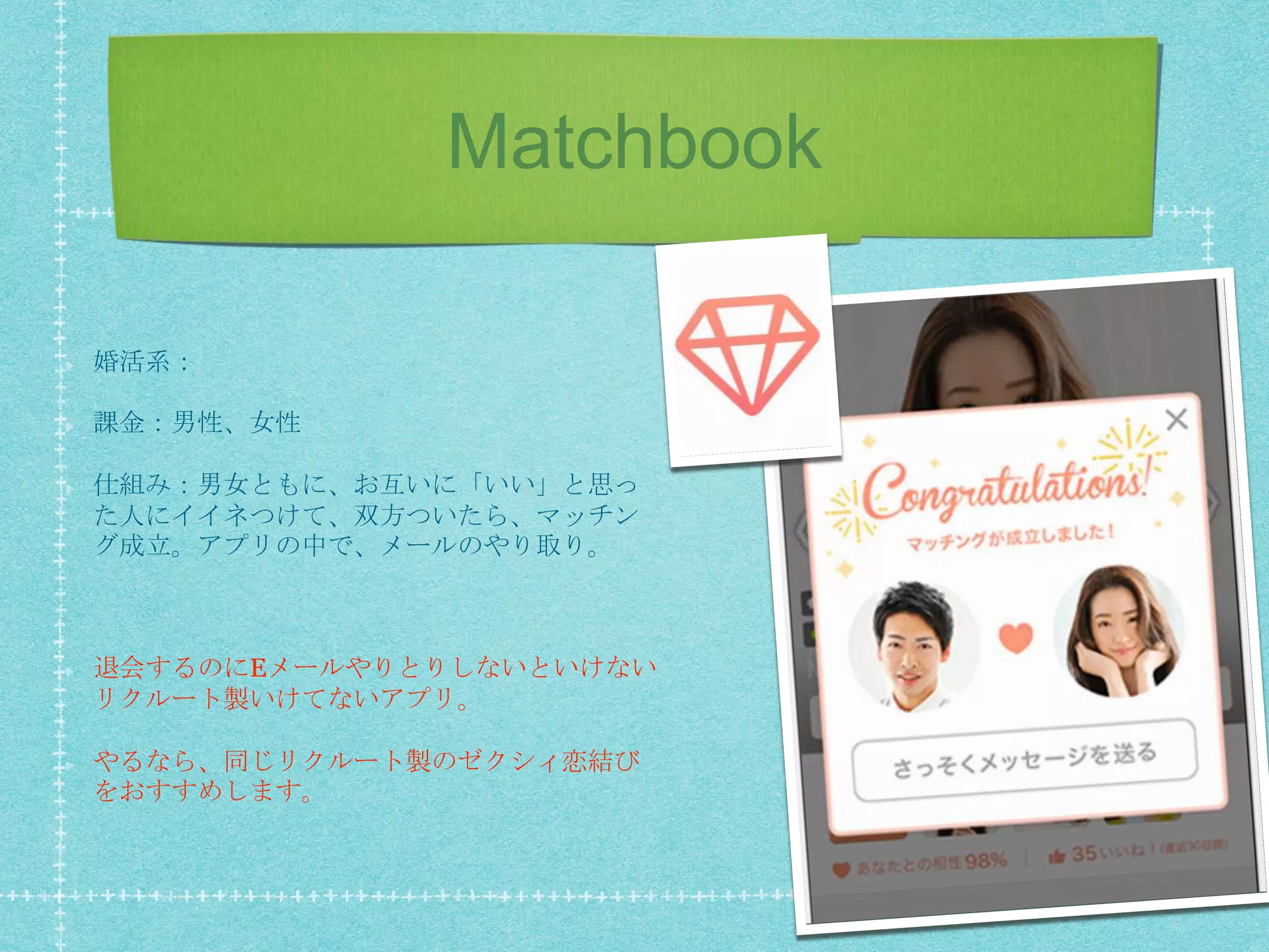Matchbook
婚活系：
課金：男性、女性
仕組み：男女ともに、お互いに「いい」と思っ
た人にイイネつけて、双方ついたら、マッチン
グ成立。アプリの中で、メールのやり取り。
退会するのにEメールやりとりしないといけない
リクルート製いけてないアプリ。
やるなら、同じリクルート製のゼクシィ恋結び
をおすすめします。
 
