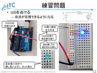 Copyright © 2016 Advanced IT Consortium to Evaluate, Apply and Drive All Rights Reserved.
練習問題
• LEDを点ける
– 状況が目視できるようになる
5VとGND
を取り出す 5V側に抵抗
を入れる
足の長い方が＋
挿し易いように、カット済み
LEDの仕様で
抵抗値は違う
抵抗無しだと
焼き切れる事も
12
 