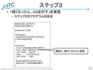 Copyright © 2016 Advanced IT Consortium to Evaluate, Apply and Drive All Rights Reserved.
ステップ３
• 「暗くなったら、LEDを灯す」を実現
– ステップ２のプログラムを改良
#define LED_OUTPUT 8
#define CDS_INPUT 0
boolean led = LOW;
void setup() {
pinMode(LED_OUTPUT, OUTPUT);
// Serial.begin(9600);
}
void loop() {
int val = analogRead(CDS_INPUT);
if (val < 400){ // 暗ければ
led = HIGH; // 点ける
} else { // そうでなければ、
led = LOW; // 消す
}
digitalWrite(LED_OUTPUT, led);
delay(100); // 反応の遅延を減らす
}
閾値は、場所に合わせて調整
17
 