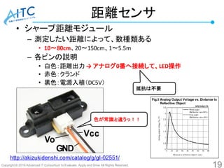Copyright © 2016 Advanced IT Consortium to Evaluate, Apply and Drive All Rights Reserved.
距離センサ
• シャープ距離モジュール
– 測定したい距離によって、数種類ある
• 10～80cm、20～150cm、1～5.5m
– 各ピンの説明
• 白色：距離出力 → アナログ0番へ接続して、LED操作
• 赤色：クランド
• 黒色：電源入植（DC5V）
19
色が常識と違うっ！！
http://akizukidenshi.com/catalog/g/gI-02551/
抵抗は不要
 