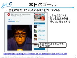 Copyright © 2016 Advanced IT Consortium to Evaluate, Apply and Drive All Rights Reserved.
本日のゴール
• 息を吹きかけたら消えるLEDを作ってみる
2
http://makezine.jp/blog/2016/11/make-an-led-candle-you-can-blow-out.html
・しかもカラフルに
・他でも使えそう感
・ガワは、帰ってから
風センサの入手が難しいので、
マイクで代用
 