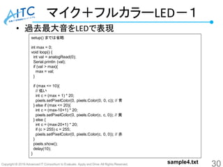 Copyright © 2016 Advanced IT Consortium to Evaluate, Apply and Drive All Rights Reserved.
マイク＋フルカラーLED－１
• 過去最大音をLEDで表現
setup() までは省略
int max = 0;
void loop() {
int val = analogRead(0);
Serial.println (val);
if (val > max){
max = val;
}
if (max <= 10){
// 低い
int c = (max + 1) * 20;
pixels.setPixelColor(0, pixels.Color(0, 0, c)); // 青
} else if (max <= 20){
int c = (max-10+1) * 20;
pixels.setPixelColor(0, pixels.Color(c, c, 0)); // 黄
} else {
int c = (max-20+1) * 20;
if (c > 255) c = 255;
pixels.setPixelColor(0, pixels.Color(c, 0, 0)); // 赤
}
pixels.show();
delay(10);
}
30sample4.txt
 