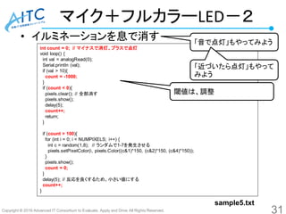 Copyright © 2016 Advanced IT Consortium to Evaluate, Apply and Drive All Rights Reserved.
マイク＋フルカラーLED－２
• イルミネーションを息で消す
int count = 0; // マイナスで消灯、プラスで点灯
void loop() {
int val = analogRead(0);
Serial.println (val);
if (val > 10){
count = -1000;
}
if (count < 0){
pixels.clear(); // 全部消す
pixels.show();
delay(5);
count++;
return;
}
if (count > 100){
for (int i = 0; i < NUMPIXELS; i++) {
int c = random(1,8); // ランダムで1-7を発生させる
pixels.setPixelColor(i, pixels.Color((c&1)*150, (c&2)*150, (c&4)*150));
}
pixels.show();
count = 0;
}
delay(5); // 反応を良くするため、小さい値にする
count++;
}
31
sample5.txt
閾値は、調整
「音で点灯」もやってみよう
「近づいたら点灯」もやって
みよう
 