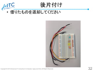 Copyright © 2016 Advanced IT Consortium to Evaluate, Apply and Drive All Rights Reserved.
後片付け
• 借りたものを返却してください
32
 