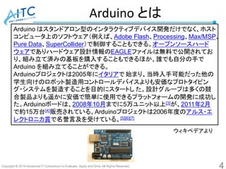 Copyright © 2016 Advanced IT Consortium to Evaluate, Apply and Drive All Rights Reserved.
Arduino とは
Arduino はスタンドアロン型のインタラクティブデバイス開発だけでなく、ホスト
コンピュータ上のソフトウェア（例えば、Adobe Flash、Processing、Max/MSP、
Pure Data、SuperCollider）で制御することもできる。オープンソースハード
ウェアでありハードウェア設計情報のEAGLEファイルは無料で公開されてお
り、組み立て済みの基板を購入することもできるほか、誰でも自分の手で
Arduino を組み立てることができる。
Arduinoプロジェクトは2005年にイタリアで 始まり、当時入手可能だった他の
学生向けのロボット製造用コントロールデバイスよりも安価なプロトタイピン
グ・システムを製造することを目的にスタートし た。設計グループは多くの競
合製品よりも遥かに安価で簡単に使用できるプラットフォームの開発に成功し
た。Arduinoボードは、2008年10月までに5万ユニット以上[3]が、2011年2月
で約15万台[4]販売されている。Arduinoプロジェクトは2006年度のアルス・エ
レクトロニカ賞で名誉言及を受けている。[5][6][7]
ウィキペデアより
4
 