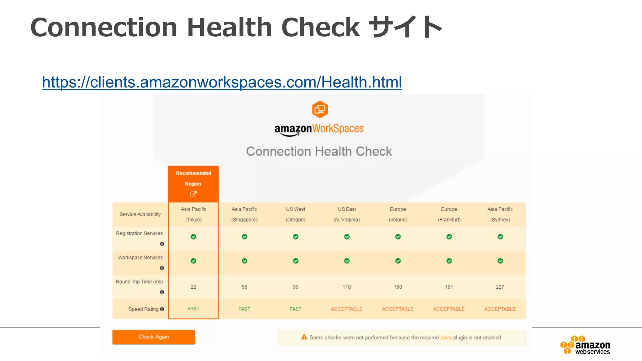 Connection  Health  Check  サイト
https://clients.amazonworkspaces.com/Health.html
 