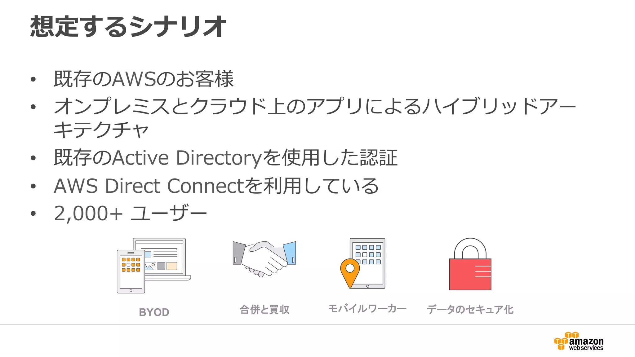 想定するシナリオ
•  既存のAWSのお客様
•  オンプレミスとクラウド上のアプリによるハイブリッドアー
キテクチャ
•  既存のActive  Directoryを使⽤用した認証
•  AWS  Direct  Connectを利利⽤用している
•  2,000+  ユーザー
合併と買収BYOD データのセキュア化モバイルワーカー
 