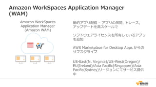 動的アプリ配信  –  アプリの展開,  トレース,  
アップデートを⾼高スケールで
ソフトウエアライセンスを所有しているアプリ
を追加
AWS  Marketplace  for  Desktop  Apps  からの
サブスクライブ
US-‐‑‒East(N.  Virginia)/US-‐‑‒West(Oregon)/
EU(Ireland)/Asia  Paciﬁc(Singapore)/Asia  
Paciﬁc(Sydney)リージョンにてサービス提供
中
Amazon  WorkSpaces  Application  Manager   　 　
(WAM)
 