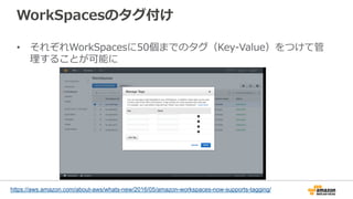 WorkSpacesのタグ付け
•  それぞれWorkSpacesに50個までのタグ（Key-‐‑‒Value）をつけて管
理理することが可能に
https://aws.amazon.com/about-aws/whats-new/2016/05/amazon-workspaces-now-supports-tagging/
 