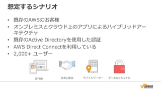 想定するシナリオ
•  既存のAWSのお客様
•  オンプレミスとクラウド上のアプリによるハイブリッドアー
キテクチャ
•  既存のActive  Directoryを使⽤用した認証
•  AWS  Direct  Connectを利利⽤用している
•  2,000+  ユーザー
合併と買収BYOD データのセキュア化モバイルワーカー
 