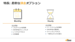特⻑⾧長:  柔軟な課⾦金金オプション
HourlyMonthly
主な⽤用途
§  フルタイムの従業員
§  AWS料料⾦金金のシンプルさ
§  いつでもアクセス
§  ⽇日常業務
主な⽤用途
§  パートタイムの従業員
§  A...
