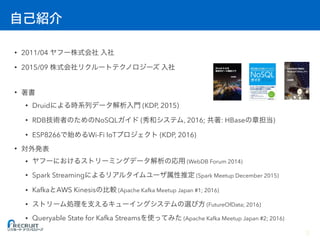 • 2011/04
• 2015/09
•
• Druid (KDP, 2015)
• RDB NoSQL ( , 2016; : HBase )
• ESP8266 Wi-Fi IoT (KDP, 2016)
•
• (WebDB Forum 2014)
• Spark Streaming (Spark Meetup December 2015)
• Kafka AWS Kinesis (Apache Kafka Meetup Japan #1; 2016)
• (FutureOfData; 2016)
• Queryable State for Kafka Streams (Apache Kafka Meetup Japan #2; 2016)
3
 
