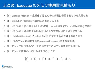 : Executor
• [A] Storage Fraction = RDD
• [B] Execution Fraction = A
• [C] On-heap = (A + B) / 0.6 + 300MB // 0.6 User Memory
• [D] Off-heap = RDD
• [E] Overhead = max(C * 0.1, 384MB) //
• [F] 1 Container (Executor)
• [G] OS
• [H]
(C + D + E) * F + G < H
 