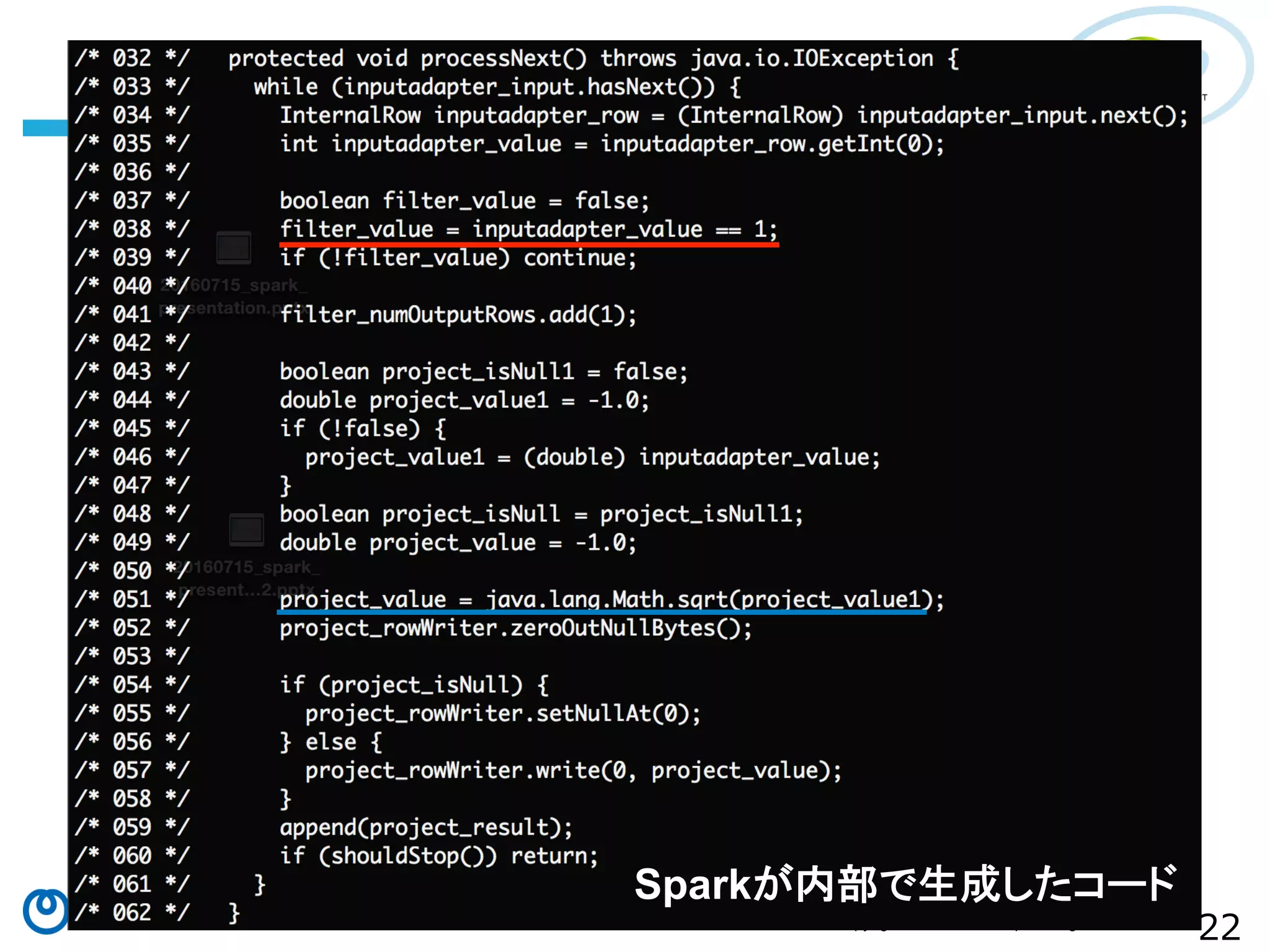 22Copyright©2016 NTT corp. All Rights Reserved.	
Sparkが内部で生成したコード
 