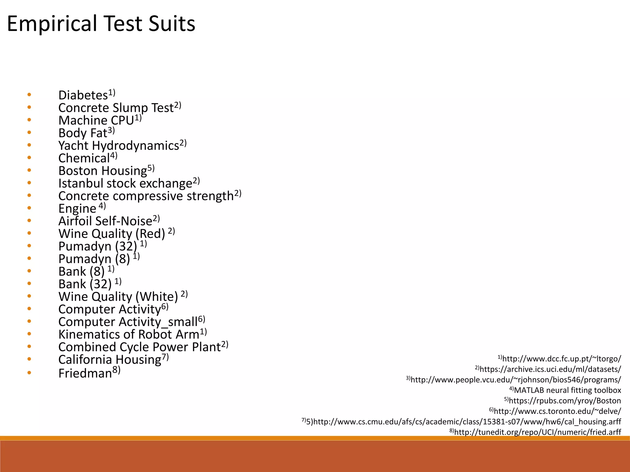 Empirical Test Suits
• Diabetes1)
• Concrete Slump Test2)
• Machine CPU1)
• Body Fat3)
• Yacht Hydrodynamics2)
• Chemical4)
• Boston Housing5)
• Istanbul stock exchange2)
• Concrete compressive strength2)
• Engine4)
• Airfoil Self-Noise2)
• Wine Quality (Red) 2)
• Pumadyn (32) 1)
• Pumadyn (8) 1)
• Bank (8) 1)
• Bank (32) 1)
• Wine Quality (White) 2)
• Computer Activity6)
• Computer Activity_small6)
• Kinematics of Robot Arm1)
• Combined Cycle Power Plant2)
• California Housing7)
• Friedman8)
1)http://www.dcc.fc.up.pt/~ltorgo/
2)https://archive.ics.uci.edu/ml/datasets/
3)http://www.people.vcu.edu/~rjohnson/bios546/programs/
4)MATLAB neural fitting toolbox
5)https://rpubs.com/yroy/Boston
6)http://www.cs.toronto.edu/~delve/
7)5)http://www.cs.cmu.edu/afs/cs/academic/class/15381-s07/www/hw6/cal_housing.arff
8)http://tunedit.org/repo/UCI/numeric/fried.arff
 