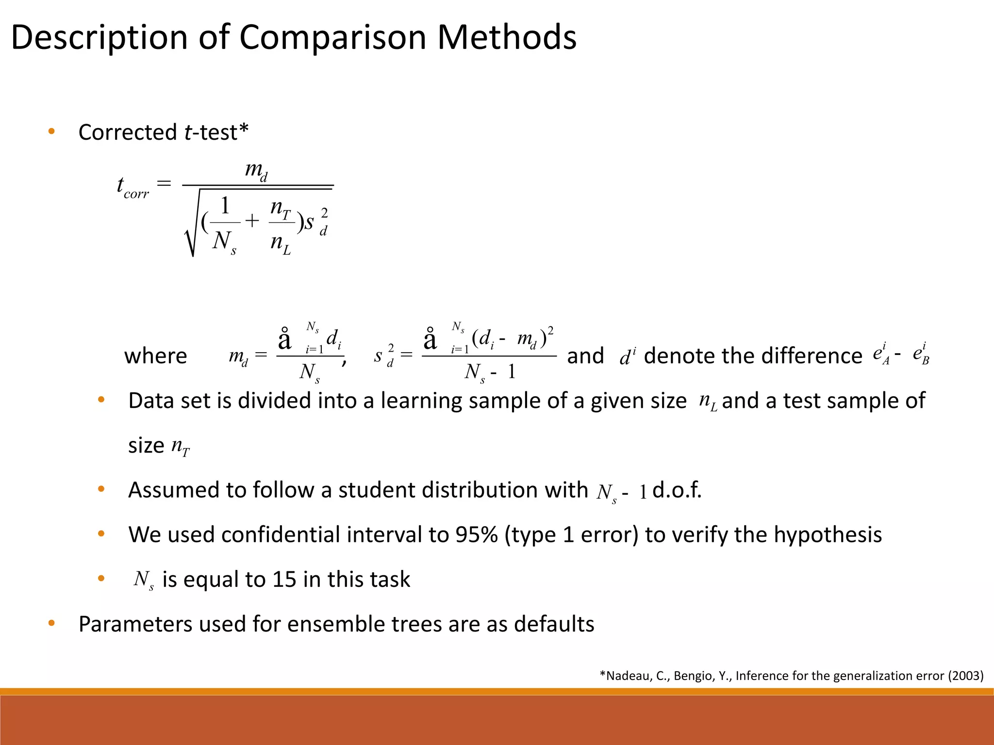 Description of Comparison Methods
• Corrected t-test*
where , and denote the difference
• Data set is divided into a learning sample of a given size and a test sample of
size
• Assumed to follow a student distribution with d.o.f.
• We used confidential interval to 95% (type 1 error) to verify the hypothesis
• In this task, we repeated 30 times independently ( is 30)
• Parameters used for ensemble trees are as defaults
*Nadeau, C., Bengio, Y., Inference for the generalization error (2003)
i
d
i i
A Be e-
Tn
Ln
sN
21
( )
d
corr
T
d
s L
t
n
N n
m
s
=
+
1
sN
ii
d
s
d
N
m =
=
å
2
2 1
( )
1
sN
i di
d
s
d
N
m
s =
-
=
-
å
1sN -
 