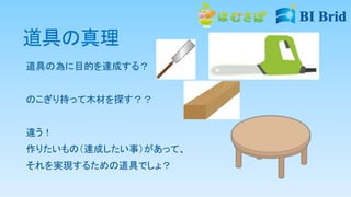 道具の真理
道具の為に目的を達成する？
のこぎり持って木材を探す？？
違う！
作りたいもの（達成したい事）があって、
それを実現するための道具でしょ？
 