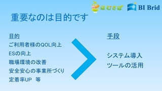 重要なのは目的です
目的
ご利用者様のQOL向上
ESの向上
職場環境の改善
安全安心の事業所づくり
定着率UP 等
手段
システム導入
ツールの活用
 