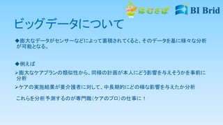 ビッグデータについて
膨大なデータがセンサーなどによって蓄積されてくると、そのデータを基に様々な分析
が可能となる。
例えば
膨大なケアプランの類似性から、同様の計画が本人にどう影響を与えそうかを事前に
分析
ケアの実施結果が要介護者に対して、中長期的にどの様な影響を与えたか分析
これらを分析予測するのが専門職（ケアのプロ）の仕事に！
 