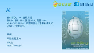 AI
東ロボくん → 読解力低
数I：64、数II：65.8、国語：45.1、英語：48.4
パターンに強いが、所謂常識などを兼ね備えて
いない。つまりKY。
事例：
不動産鑑定AI
りんな
http://rinna.jp/
 