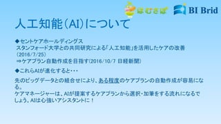 人工知能（AI）について
セントケアホールディングス
スタンフォード大学との共同研究による「人工知能」を活用したケアの改善
（2016/7/25）
⇒ケアプラン自動作成を目指す(2016/10/7 日経新聞)
これらAIが進化すると・・・
先のビッグデータとの組合せにより、ある程度のケアプランの自動作成が容易にな
る。
ケアマネージャーは、AIが提案するケアプランから選択・加筆をする流れになるで
しょう。AIは心強いアシスタントに！
 