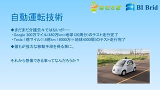 自動運転技術
まだまだ介護云々ではないが・・・
・Google 300万マイル(480万km=地球120周分)のテスト走行完了
・Tesla 1億マイル(1.6億km 16000万＝地球4000周)のテスト走行完了
誰もが強力な移動手段を得る事に。
それから想像できる事ってなんだろうか？
 