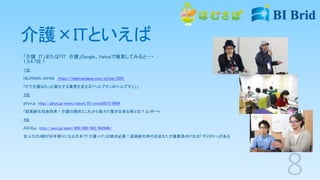 介護×ITといえば
「介護 IT」または「IT 介護」Google、Yahooで検索してみると・・・
1,3,4,7位！
１位
HELPMAN JAPAN https://helpmanjapan.com/article/5501
「ITで介護はもっと進化する業界を支える「ヘルプマンのヘルプマン」」
３位
gihyo.jp http://gihyo.jp/news/report/01/cross2015/0004
「超高齢化社会到来！介護の現状とこれから我々IT業が出来る事とは？」レポート
4位
ASCII.jp http://ascii.jp/elem/000/000/942/942946/
全人口の4割がお年寄りになる日本で「介護×IT」は絶対必要！超高齢化時代を迎えた介護業界のIT化は「やりがい」がある
 