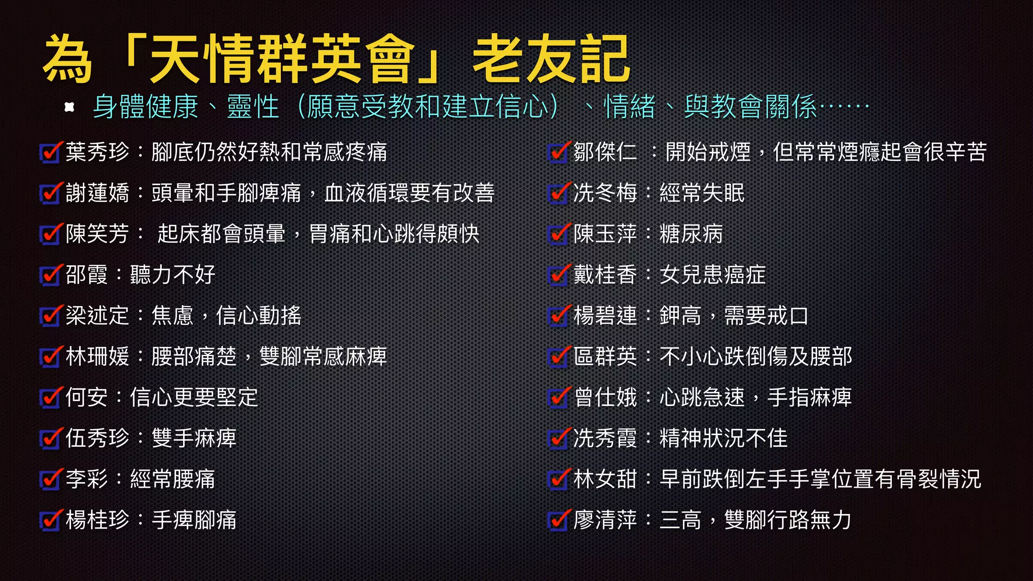為「天情群英會」老友記
⾝身體健康、靈性（願意受教和建立信⼼心）、情緒、與教會關係⋯⋯
葉葉秀珍：腳底仍然好熱和常感疼痛
謝蓮嬌：頭暈暈和⼿手腳痺痛，⾎血液循環要有改善
陳笑芳： 起床都會頭暈暈，胃痛和⼼心跳得頗快
邵霞：聽⼒力力不好
梁述定：焦慮，信⼼心動搖
林林珊媛：腰部痛楚，雙腳常感麻痺
何安：信⼼心更更要堅定
伍秀珍：雙⼿手痳痺
李彩：經常腰痛
楊桂珍：⼿手痺腳痛
鄒傑仁 ：開始戒煙，但常常煙癮起會很辛苦
冼冬梅梅：經常失眠
陳⽟玉萍：糖尿尿病
戴桂香：女兒患癌症
楊碧連：鉀⾼高，需要戒⼝口
區群英：不⼩小⼼心跌倒傷及腰部
曾仕娥：⼼心跳急速，⼿手指痳痺
冼秀霞：精神狀狀況不佳
林林女甜：早前跌倒左⼿手⼿手掌位置有⾻骨裂情況
廖清萍：三⾼高，雙腳⾏行行路路無⼒力力
 