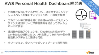 115
AWS Personal Health Dashboardを発表
• お客様が保有しているAWSリソースに関するメンテナ
ンスイベントを集約するダッシュボード機能を提供
• アカウント毎に影響を受ける各種AWSサービスのメン
テナンス通知やサービス障害情報を統合してダッシュ
ボードに表⽰
• 通知後の⾃動アクションを、CloudWatch Eventや
Lambdaとの連携したり、APIを通じて3rd Party製の既
存監視システムとの連携も可能
• 全リージョン、全アベイラビリティゾーンで利⽤可能
https://aws.amazon.com/about-aws/whats-new/2016/12/introducing-aws-personal-health-dashboard/
 