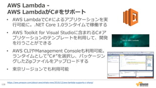 118
AWS Lambda -
AWS LambdaがC#をサポート
• AWS LambdaでC#によるアプリケーションを実
⾏可能に。.NET Core 1.0ランタイムで稼働する
• AWS Toolkit for Visual Studioに含まれるC#ア
プリケーションのテンプレートを利⽤して、開発
を⾏うことができる
• AWS CLIやManagement Consoleも利⽤可能。
ランタイムとして”C#”を選択し、パッケージン
グしたZipファイルをアップロードする
• 東京リージョンでも利⽤可能
https://aws.amazon.com/about-aws/whats-new/2016/12/aws-lambda-supports-c-sharp/
 