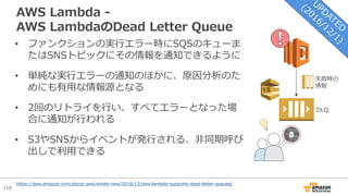 119
AWS Lambda -
AWS LambdaのDead Letter Queue
• ファンクションの実⾏エラー時にSQSのキューま
たはSNSトピックにその情報を通知できるように
• 単純な実⾏エラーの通知のほかに、原因分析のた
めにも有⽤な情報源となる
• 2回のリトライを⾏い、すべてエラーとなった場
合に通知が⾏われる
• S3やSNSからイベントが発⾏される、⾮同期呼び
出しで利⽤できる
失敗時の
情報
DLQ
https://aws.amazon.com/about-aws/whats-new/2016/12/aws-lambda-supports-dead-letter-queues/
 