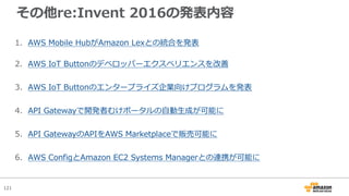121
その他re:Invent 2016の発表内容
1. AWS Mobile HubがAmazon Lexとの統合を発表
2. AWS IoT Buttonのデベロッパーエクスペリエンスを改善
3. AWS IoT Buttonのエンタープライズ企業向けプログラムを発表
4. API Gatewayで開発者むけポータルの⾃動⽣成が可能に
5. API GatewayのAPIをAWS Marketplaceで販売可能に
6. AWS ConfigとAmazon EC2 Systems Managerとの連携が可能に
 