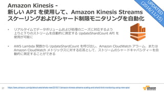 37
Amazon Kinesis -
新しい API を使⽤して、Amazon Kinesis Streams
スケーリングおよびシャード制限モニタリングを⾃動化
https://aws.amazon.com/jp/about-aws/whats-new/2016/11/amazon-kinesis-streams-scaling-and-shard-limit-monitoring-using-new-apis/
• リアルタイムでデータボリュームおよび処理のニーズに対応するよう
上りと下りのストリームを⾃動的に測定する UpdateShardCount API を
使⽤が可能に
• AWS Lambda 関数から UpdateShardCount を呼び出し、Amazon CloudWatch アラーム、または
Amazon CloudWatch メトリックスに対する応答として、ストリームのシャードキャパシティーを⾃
動的に測定することができる
 