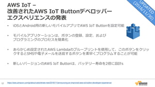 57
AWS IoT –
改善されたAWS IoT Buttonデベロッパー
エクスペリエンスの発表
• iOSとAndroid⽤の新しいモバイルアプリでAWS IoT Buttonを設定可能
• モバイルアプリケーションは、ボタンの登録、設定、および
プログラミングのプロセスを簡素化
• あらかじめ設定されたAWS Lambdaのブループリントを使⽤して、このボタンをクリッ
クするとSMSや電⼦メールを送信するボタンを素早くプログラムすることが可能
• 新しいバージョンのAWS IoT Buttonは、バッテリー寿命を2倍に設計s
https://aws.amazon.com/jp/about-aws/whats-new/2016/11/announcing-an-improved-aws-iot-button-developer-experience/
 