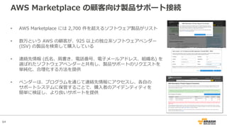 64
AWS Marketplace の顧客向け製品サポート接続
• AWS Marketplace には 2,700 件を超えるソフトウェア製品がリスト
• 数万という AWS の顧客が、925 以上の独⽴系ソフトウェアベンダー
(ISV) の製品を検索して購⼊している
• 連絡先情報 (⽒名、肩書き、電話番号、電⼦メールアドレス、組織名) を
選ばれたソフトウェアベンダーと共有し、製品サポートのリクエストを
単純化、合理化する⽅法を提供
• ベンダーは、プログラムを通じて連絡先情報にアクセスし、各⾃の
サポートシステムに保管することで、購⼊者のアイデンティティを
簡単に検証し、より良いサポートを提供
 