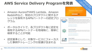 69
AWS Service Delivery Programを発表
• Amazon AuroraやAWS Lambda、Amazon
Redshiftなど、特定のプロダクトに関するナ
レッジを保有するAPNパートナーの認定プロ
グラム
• ポータルサイトで、各プロダクト毎に認定を
保有するAPNパートナーを地域毎に、簡単に
検索することが可能
• 認定基準として、対象サービスにフォーカス
した事例やトレーニングの受講が含まれる
https://aws.amazon.com/about-aws/whats-new/2016/11/introducing-the-aws-service-delivery-program/
 