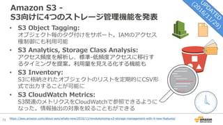 73
Amazon S3 -
S3向けに4つのストレージ管理機能を発表
• S3 Object Tagging:
オブジェクト毎のタグ付けをサポート。IAMのアクセス
権制御にも利⽤可能
• S3 Analytics, Storage Class Analysis:
アクセス頻度を解析し、標準-低頻度アクセスに移⾏す
るタイミングを提案。利⽤量を⾒える化する機能も
• S3 Inventory:
S3に格納されたオブジェクトのリストを定期的にCSV形
式で出⼒することが可能に
• S3 CloudWatch Metrics:
S3関連のメトリクスをCloudWatchで参照できるように
なった。情報抽出の対象を絞ることもができる
https://aws.amazon.com/about-aws/whats-new/2016/11/revolutionizing-s3-storage-management-with-4-new-features/
 